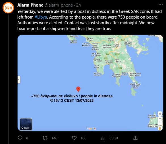 Alarmphone tweet on the shipwreck Greece Pylos